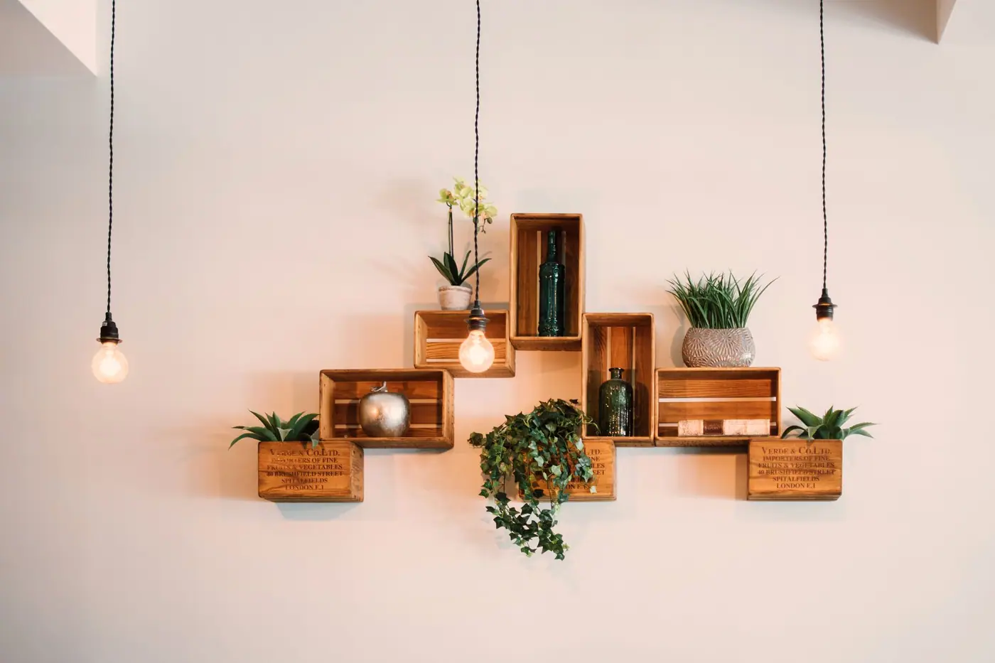 Wooden crates mounted on a wall as open shelves, holding plants and bottles